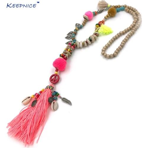 New Clothing Accessories Bohemian Wood Beaded Tassel Long Necklace Pink Fringes Pompous Pendants Necklace For Women summer