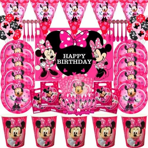 Hot Minnie Mouse Theme Baby Shower Disposable Tableware Set Kids Girls Favorite Minnie Happy Birthday Party Decorations Supplies