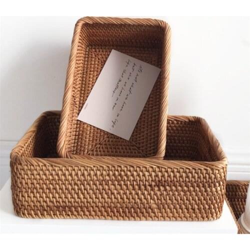 Hand-Woven Rectangular Rattan Wicker Basket Household Fruit Tea Snack Bread Picnic Tray Cosmetic Storage Box Kitchen Organizer