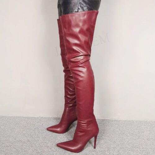 LAIGZEM TRENDY Women Thigh High Boots Red Faux Leather Lining Back Zip Stiletto Heels Boots Botas Spring Summer Size 45 46 47