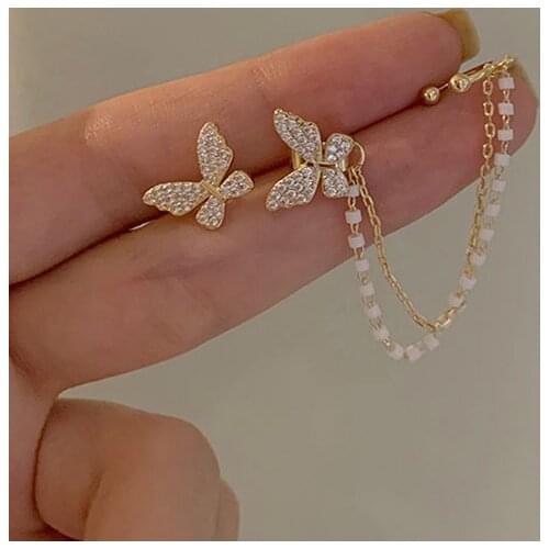 Korean Elegant Cute Rhinestone Butterfly Stud Earrings For Women Girls Fashion Metal Chain Simple Jewelry Gifts