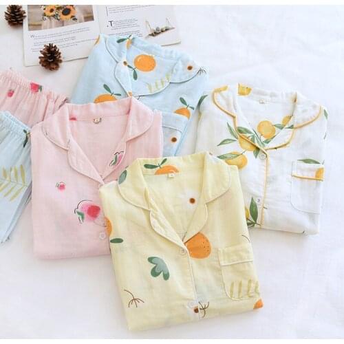 Spring and Autumn Multicolor Printed Womens Pajamas Gauze Cotton Long-sleeved Plus Size Loose and Comfortable Home Service Suit
