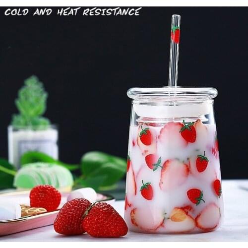 Strawberry Pattern Glass Cup With Straw And Lid Large Capacity Coffee Mug Heat-resistant Juice Water Milk Cafe Bubble Tea Cups