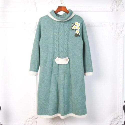 Women Dress Turtleneck Sweater Winter Clothes 2021 Warm High Quality Flowers Green Knitted Dresses Christmas Vestido De Mujer Za