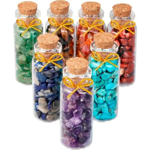 TUMBEELLUWA 1Lot (7Pc) Mini Wish Bottles Tumbled Stones Chips Healing Crystal Reiki Wicca Stones Set