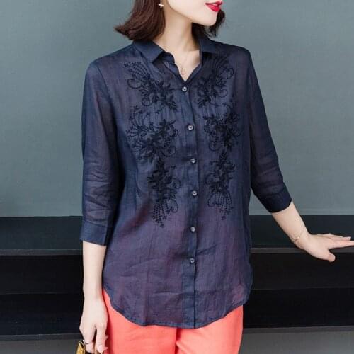 100% Cotton Linen Womens Shirt Plus Size Embroidery Blouse 3/4 Sleeve Elegant Button Up Shirts Ladies Clothing Top Female