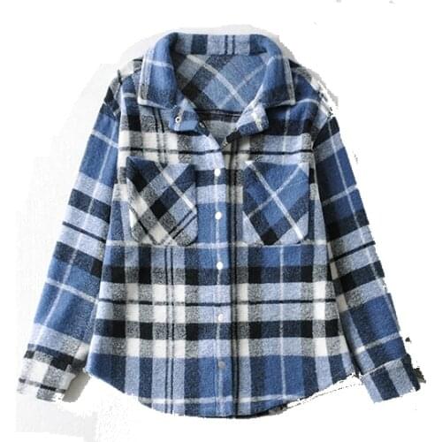 Za Women 2021 Fashion Streetwear Woolen Blue Plaid Shirt Jacket Winter Thick Warm Coat Winter Clothes