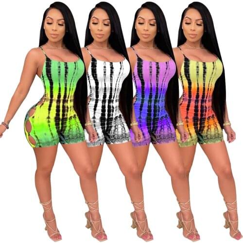 Women Summer Gradient Tie-Dye Print Backless Playsuit Sexy Bach Spaghetti Strap Lace Up Side bodysuit Romper Outfits