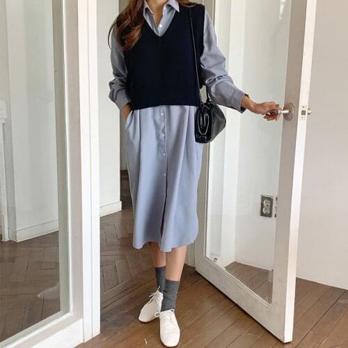 New Spring 2 Piece Suit Sleeveless Sweater Vest Women Dresses Female Girls Dress Shirt Suits Robe Femme Vestido Sell Separately