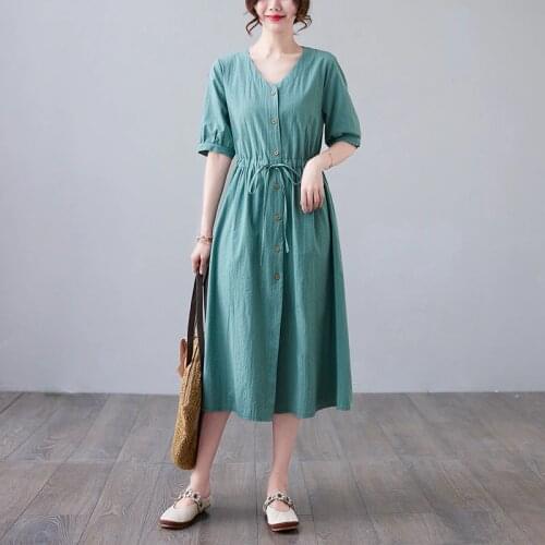 Quality Women Short Sleeve Summer Dress Solid Color V-Neck Single-Breasted Female 2021 Fashion Cotton Loose Casual Dresses