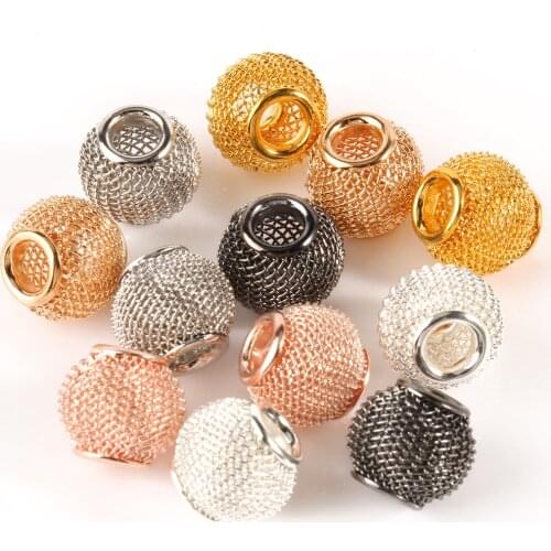 10pcs Mesh Net Spacer Metal Beads Rose Gold Black Big Hole Round Ball for DIY European charms Bracelet Jewerlry findings