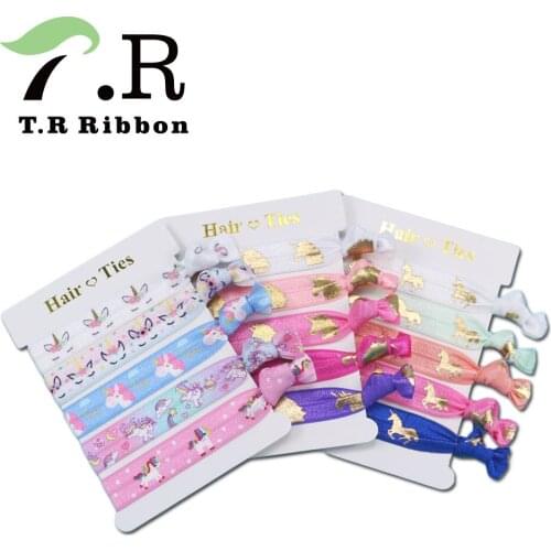 3 sets/lot (15pcs) 3 different sets cute unicorn print Elastic Hair Ties FOE girl Hair Accessories free shipping