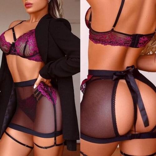 3 Piece Womens Sexy Lingerie Set Babydoll Floral Lace Strappy Bra Garter Mesh Skirt Panty Set Womens Underwear Erotic Costumes