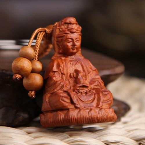 3pcs)Bodhisattva wood sculpture pendant jewelry station guanyin plane tassel high-end rear-view mirror hanging sculpture small