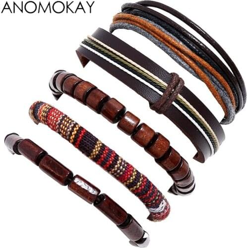5 Pcs/Lot Anomokay Vintage Leather Wood Bead Wrap Bracelet Ethnic Antique Handmade Braided Rope Bracelet for Men