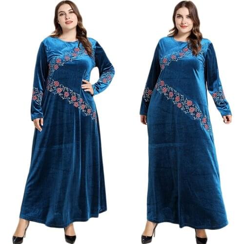 Velvet Autumn Winter Long Dress Embroidery Abaya Muslim Maxi Robe Gown Middle East For Women Dubai Kaftan Plus Size O-neck New