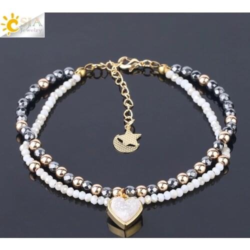 CSJA Crystal Glass Mala Beaded Bracelet Women Boho Heart Natural Druzy Druse Stone Gold Color Hanging Moon Star Jewellery S236