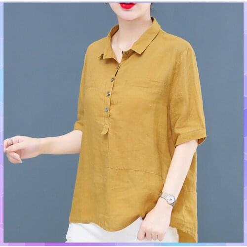 Ramie Oversized T-shirt Womens Tee Shirt Summer Short-sleeved Tshirt Femme 2021 Cotton And Linen Ladies T-shirts Turn-down Tops