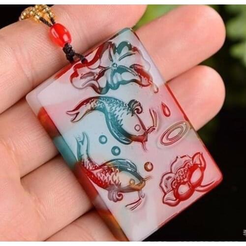 Hot Selling Natural Men Women Hand-Carved Colour Jade Carp Lotus Pendant Gifts for Necklace Amulet Gifts for Unisex