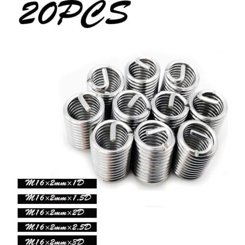 20pcs Silver M16 Thread Repair Insert Kit Set Stainless Steel For Hardware Repair Tools M16*2*1D/1.5D/2D/2.5D/3D