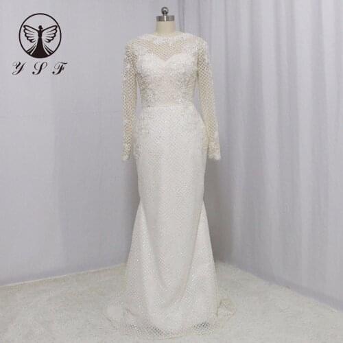 New Arrival Sparkling O Neck Appliqued Beaded Pearls Sheer Back Long Sleeve Mermaid Lace Wedding Dresses 2020