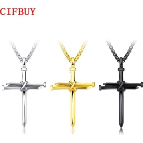 CIFBUY Religious Nail Cross Necklace For Men Jesus Christ Pendants Gold Color Stainless Steel Box Link Chain Male Gift GX1258