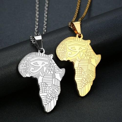 Stainless Steel Ancient Egyptian Symbol of Protection Necklace Gift Eye of Horus Necklaces Africa Map Pendant for Men Boy