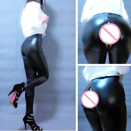 Sexy PU Zipper Open Crotch Outdoor Sex Car High Rise Waist Pencil Pant Faux Leather Women Matte Leggings Capris Club Wear Plus 3