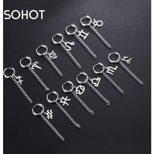 SOHOT Hipster Twelve Constellations Cool Girl Titanium Steel Drop Hoop Earrings Clip Geometry Punk Wholesale Unisex HipHop Man