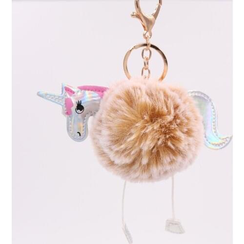 Explosion unicorn keychain imitation rabbit hair ball pendant PU leather cartoon plush bag key ring Pompon Women Bag Jewelry