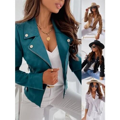 Fashion Motorcycle Jacket Women 2021 Zipper Long Sleeve Jackets Short Coat Turndown Collar