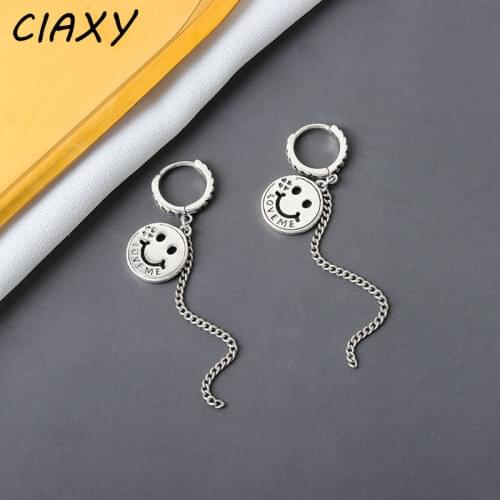 CIAXY 925 Sterling Silver Retro Letter Smiley Face Earrings for Women Temperament Ear Buckle Tassel Earring Thai Silver Jewelry