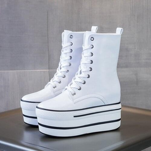 Womens Platform Boots Split Leather Fashion Thick Sole Women Mid-Calf Boot Hidden Heels Platform Shoes Autumn Woman Boot