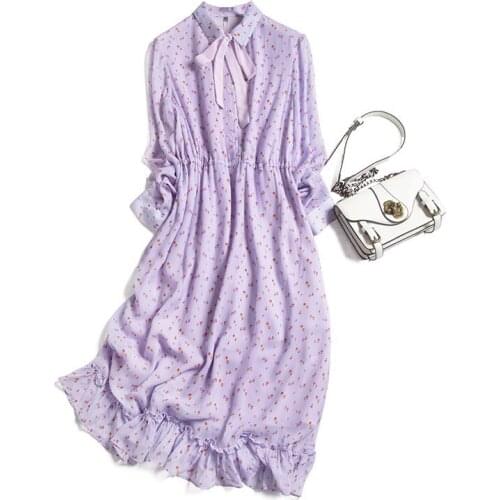 Taro Small Floral Mulberry Silk Ruffled Fishtail Mid-length Womens 2021 Spring And Autumn Waist Shirt Lapel Dress