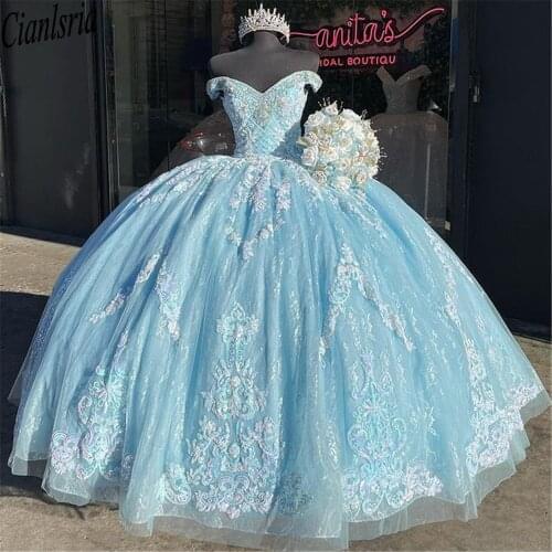 Sky Blue 2021 Quinceanera Dresses Off The Shoulder Lace Appliqued Flower Sweet 16 Dress Pageant Gowns vestidos de 15 años