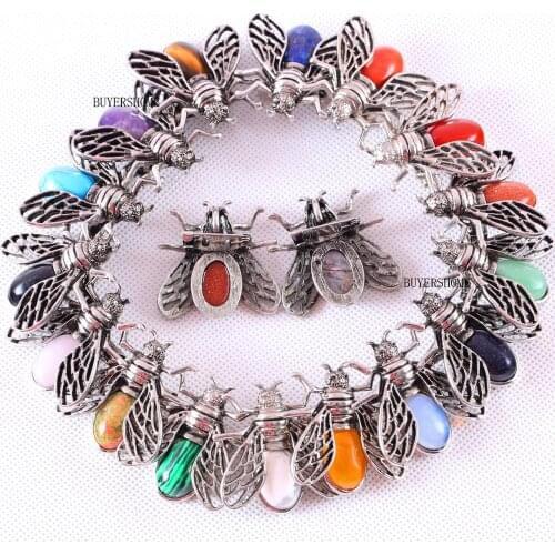 1Pcs Cicada Brooch Natural Stone Pendant Howlite Rhodonite Carnelian Onyx CAB Cabochon Bead for Men Women DIY Jewelry Making