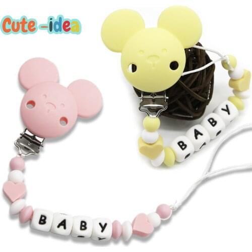 Cute-idea 1Pcs Silicone Personalised Name Baby mouse Pacifier Clips Beads Silicone heart Pacifier Chain Holder Baby goods Gifts