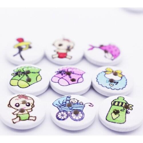 100 Pcs Baby Series Wood Buttons Cartoon Craft 2 Holes 1.5CM Printed Wooden Buttons For Sewing Scrapbooking Randomly Mixed