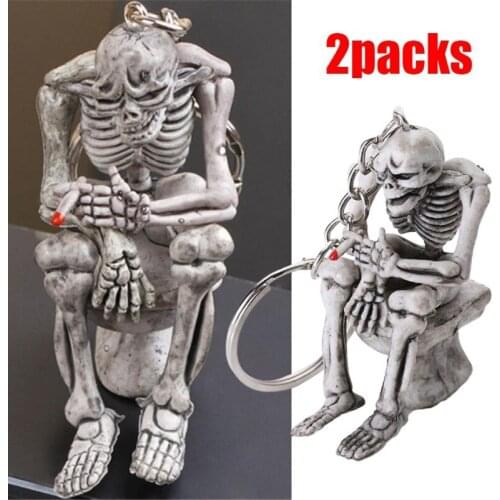 2Pcs Halloween Keychain Horror Personality Skeleton Skull Sitting on the Toilet Keyring Pendant Mens Jewelry Purse Car Keychain