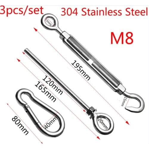 304 Stainless Steel M8 Shade Sail Hardware Kits Turnbuckle Eye Bolt Carabiner 3pcs