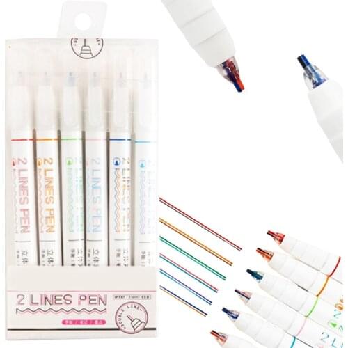 6Pcs/box Creative Two-color Line Gel Pen Art Drawing Graffiti Pen Student Reading Marker DIY Diary Journal Stationery Supplies