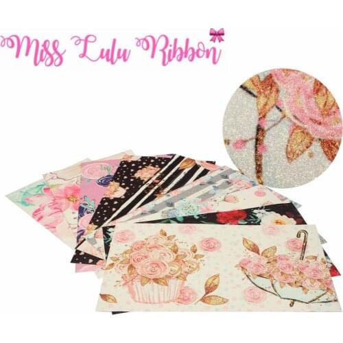 8x13inch (20x34cm) Printed Glitter Vinyl Ribbon Cut Piece 60pcs/pack Flower Series Colorful Rose Watercolor Flora DIY Hair Bands