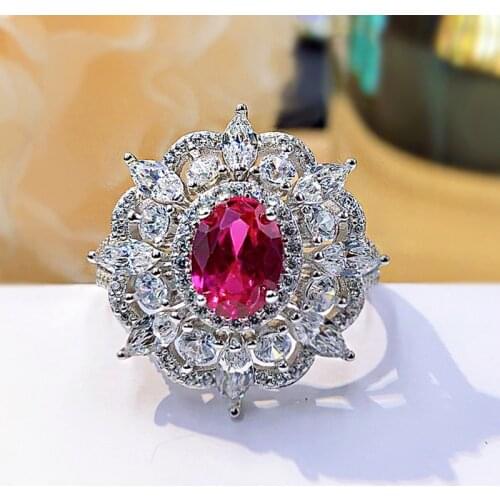 925 Sterling Silver Ring Luxury Retro Corundum Gems Oval Pigeon Blood Red Full Diamond Rings For Women Engagement Fine Jewelry