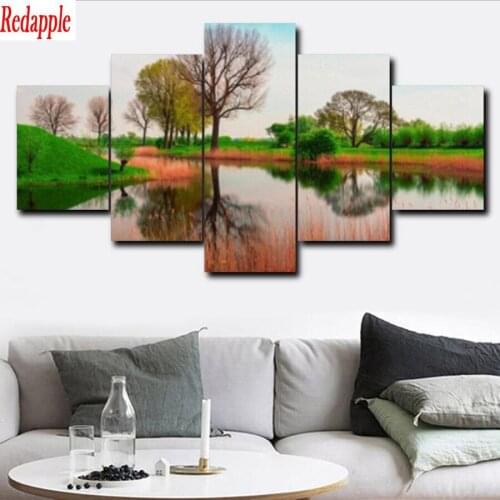 5pcs/set,Full Square Drill 5D DIY Diamond Painting "autumn lake tree Landscape" Multi-picture Combination 3D Embroidery Mosaic