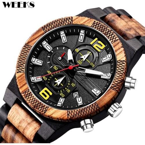 Men Wooden Watch Quartz Chronograph Date Sandalwood Wristwatches Full Real Wood Strap Clock Multi-function Male reloj de madera