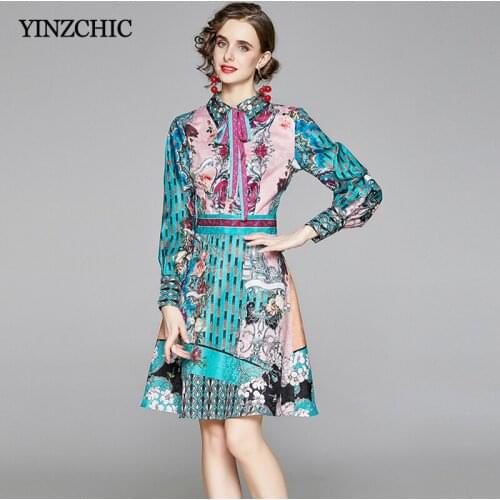 Elegant Woman Spring Print Dress Turn-down Collar Shirt Skirt for Office Lady Vintage Style A-line Mid Dresses Women Knee-length