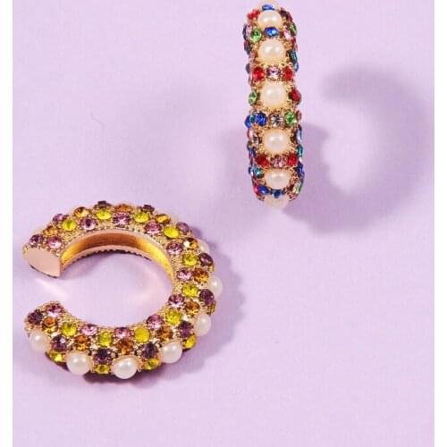 Personalized Fashion Womens Colorful Pearl C-shaped Earrings Cubic Zirconia Ear Cuff Clips Non-pierced Crystal Jewelry