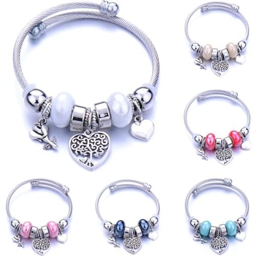 Classic Elastic Tree of life love shape metal beading Bracelet Jewelry 6 Colors Chain Bangles Beaded Bracelet Fit Jewelry