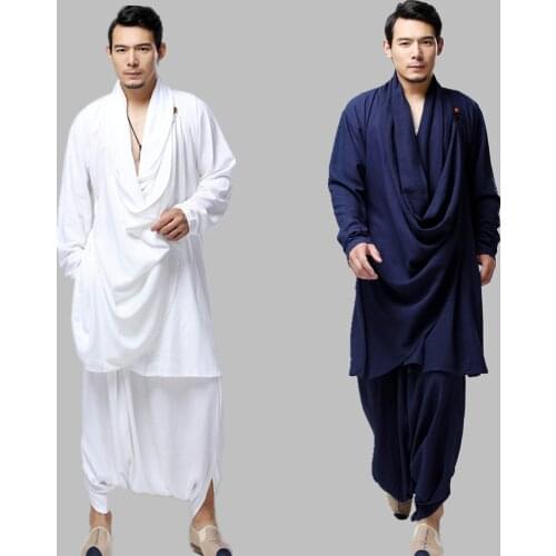 Chinese mens Cotton linen Tai Chi clothing set (2 Pieces) Solid color long trench coat Practice meditation jacket Windbreaker