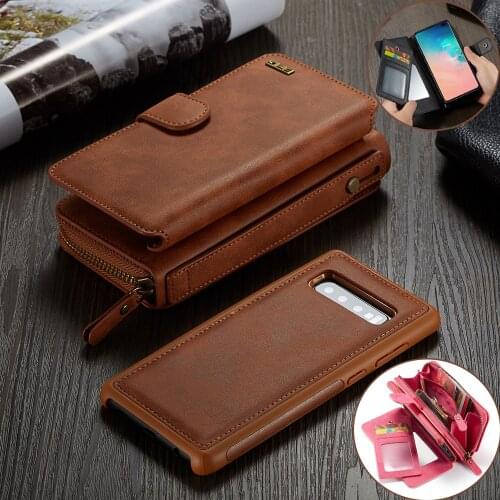 For Samsung S10 Note 10+ S9 S20 Plus S7 Edge Note 9 8 Zipper Leather Card Holder Wallet Case Magnetic Removable Cover Coque Etui